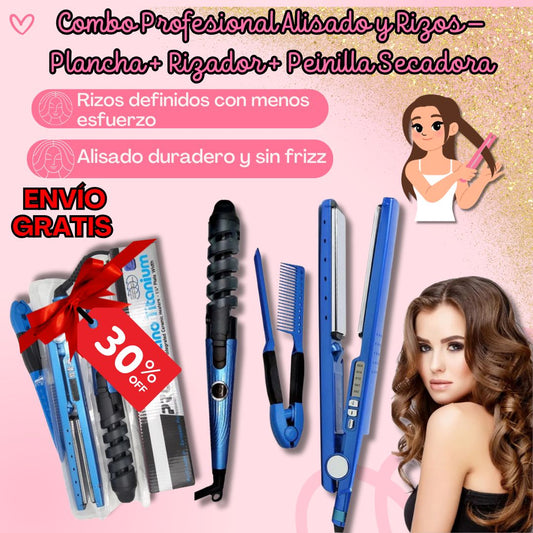 Combo Profesional Alisado y Rizos – Plancha + Rizador + Peinilla Secadora 🔥💇‍♀️