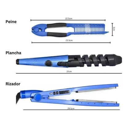 Combo Profesional Alisado y Rizos – Plancha + Rizador + Peinilla Secadora 🔥💇‍♀️