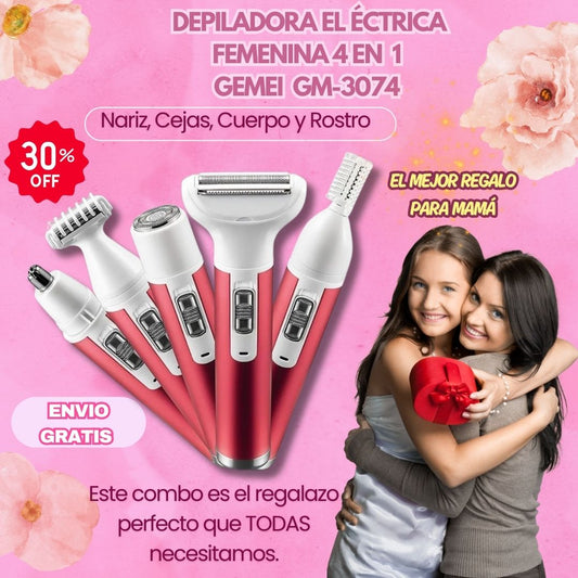 Depiladora Eléctrica Femenina 4 en 1 Gemei GM-3074 – Nariz, Cejas, Cuerpo y Rostro 💖✨