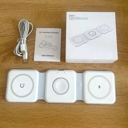 Base de Carga Inalámbrica 3 en 1 Plegable – Carga Rápida para Celular, Reloj y Audífonos ⚡📱