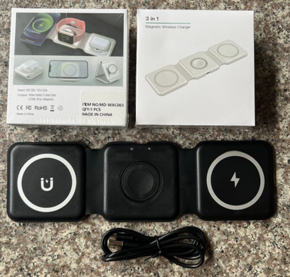 Base de Carga Inalámbrica 3 en 1 Plegable – Carga Rápida para Celular, Reloj y Audífonos ⚡📱