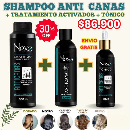 Combo x3 Cubre Canas NEXO – Shampoo 300ml + Tratamiento 120ml + Tónico 120ml 🧴✨