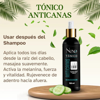Combo x3 Cubre Canas NEXO – Shampoo 300ml + Tratamiento 120ml + Tónico 120ml 🧴✨