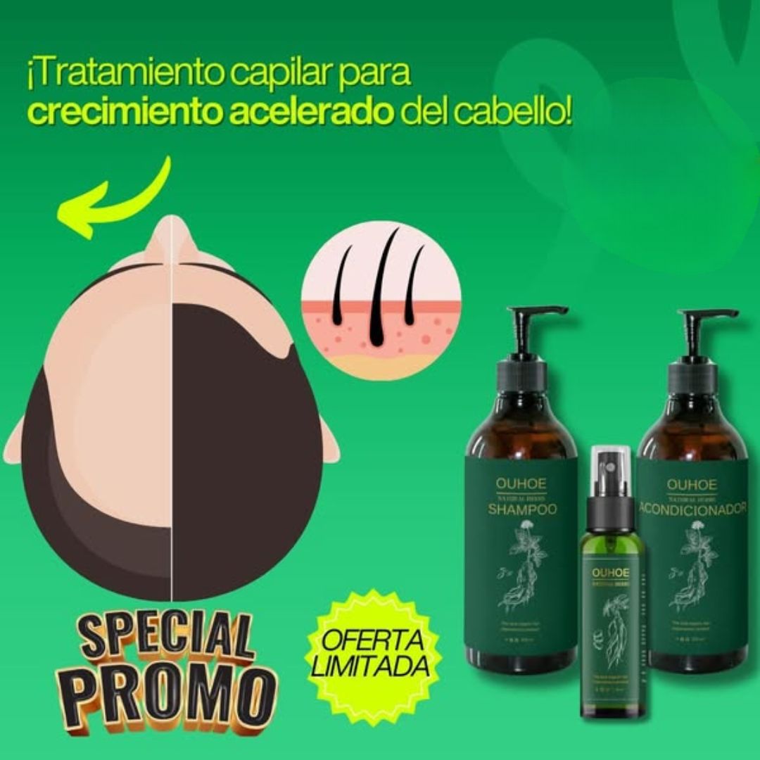 Combo Anticaída OUHOE: Shampoo 200ml + Acondicionador 200ml + Tónico Capilar 30ml 🌿💧