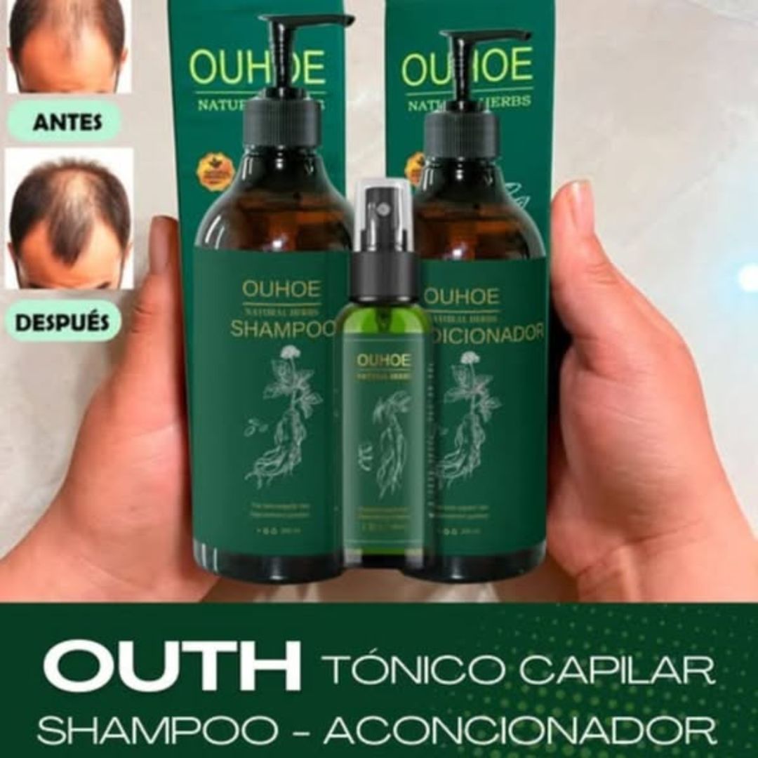 Combo Anticaída OUHOE: Shampoo 200ml + Acondicionador 200ml + Tónico Capilar 30ml 🌿💧