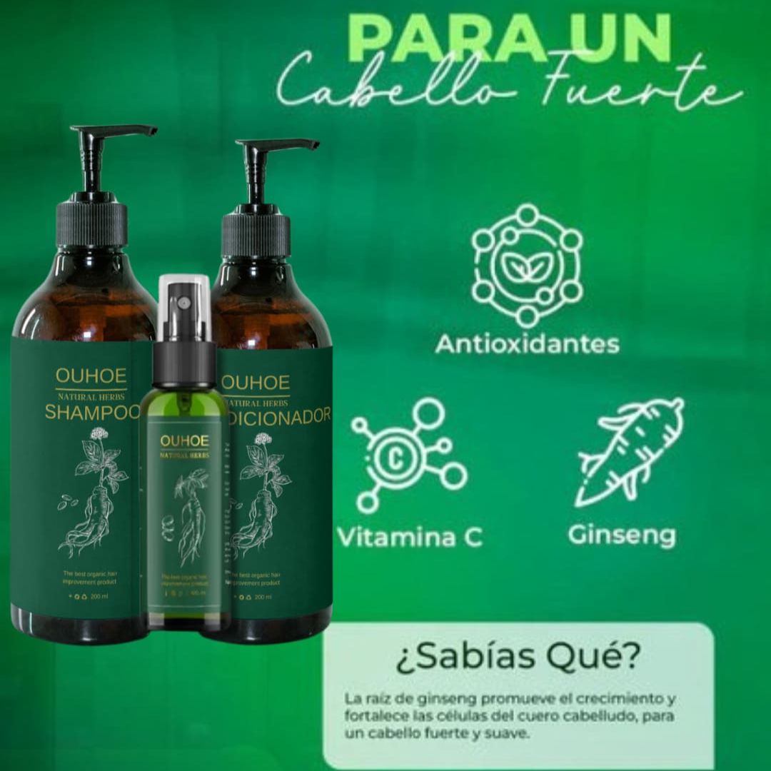 Combo Anticaída OUHOE: Shampoo 200ml + Acondicionador 200ml + Tónico Capilar 30ml 🌿💧