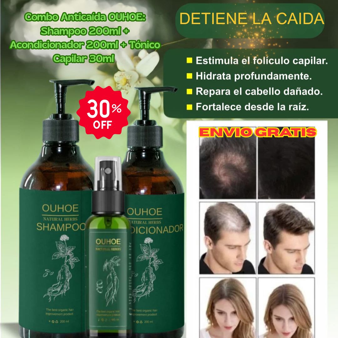 Combo Anticaída OUHOE: Shampoo 200ml + Acondicionador 200ml + Tónico Capilar 30ml 🌿💧