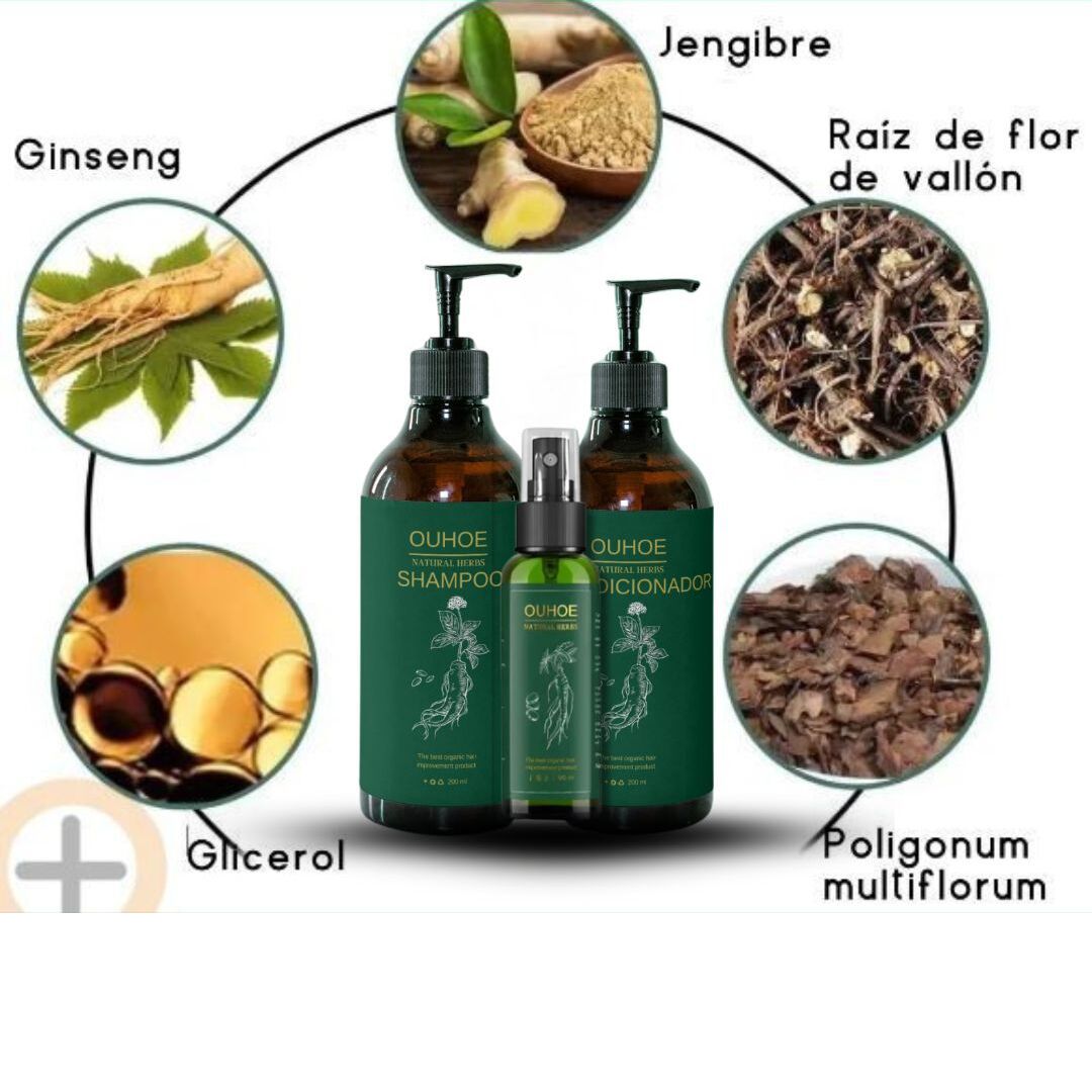 Combo Anticaída OUHOE: Shampoo 200ml + Acondicionador 200ml + Tónico Capilar 30ml 🌿💧