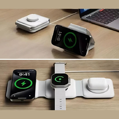 Base de Carga Inalámbrica 3 en 1 Plegable – Carga Rápida para Celular, Reloj y Audífonos ⚡📱