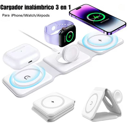 Base de Carga Inalámbrica 3 en 1 Plegable – Carga Rápida para Celular, Reloj y Audífonos ⚡📱
