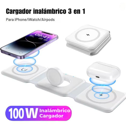 Base de Carga Inalámbrica 3 en 1 Plegable – Carga Rápida para Celular, Reloj y Audífonos ⚡📱