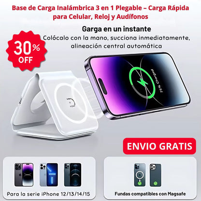 Base de Carga Inalámbrica 3 en 1 Plegable – Carga Rápida para Celular, Reloj y Audífonos ⚡📱