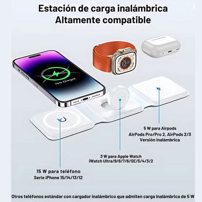 Base de Carga Inalámbrica 3 en 1 Plegable – Carga Rápida para Celular, Reloj y Audífonos ⚡📱