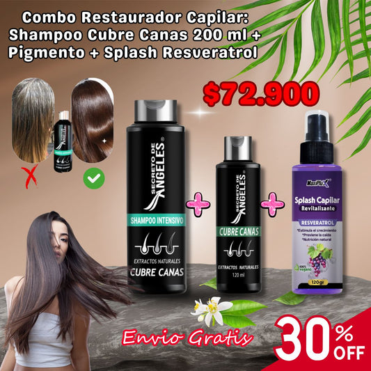 Combo Restaurador Capilar: Shampoo Cubre Canas 200 ml + Pigmento +Splash Resveratrol 🎨🧴
